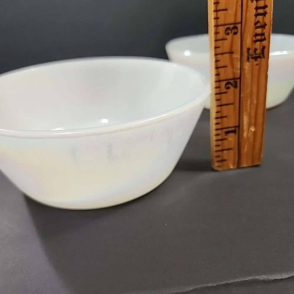 (2) Vtg Iridescent Anchor Hocking Fire King Milk Glass Custard Cups
